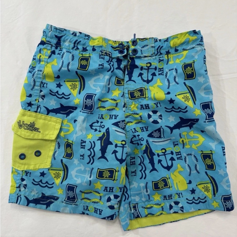 UV Skinz Boys 3T Swim Suit With Cargo Pockets Blue‎ Anchors And Sharks